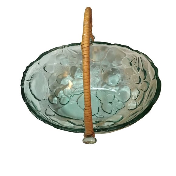Vintage Indiana Glass Co Green Fruit Embossed Bowl Basket with Rattan Handle - Picture 2 of 6